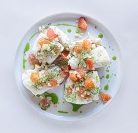 Butter Poached Cod with Fennel and Grapefruit Salsa