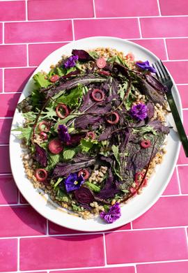 Purple Mustard Green Salad with Black Garlic & Cherry Vinaigrette